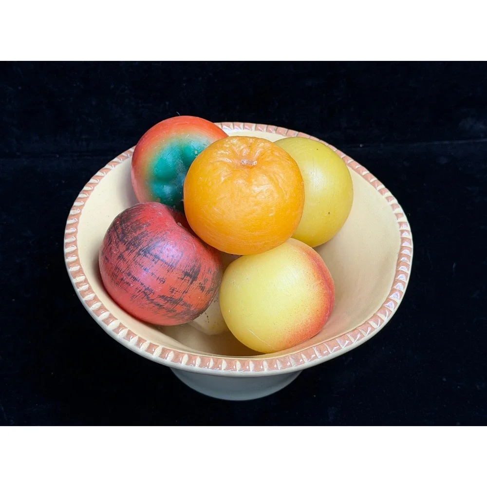Italy Yellow Ceramic Bowl Scalloped Rim with 6 Wax Fruit Candles Set
